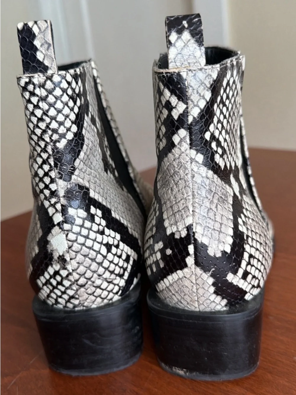 Marc Fisher Black and Cream Snake-Print Chelsea Boots